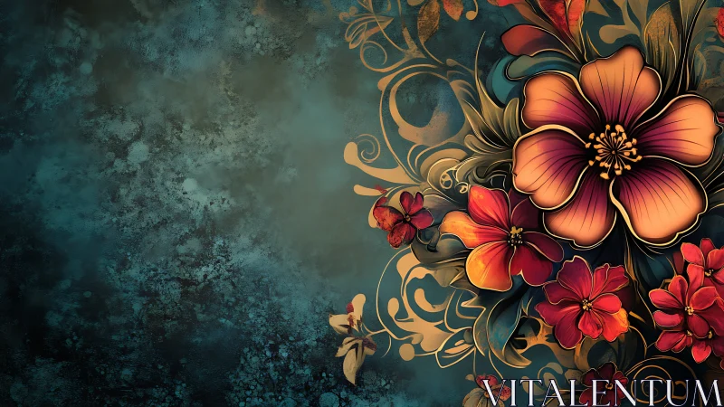 Ornamental Floral Garden: Rich Blooms Against Weathered Teal.