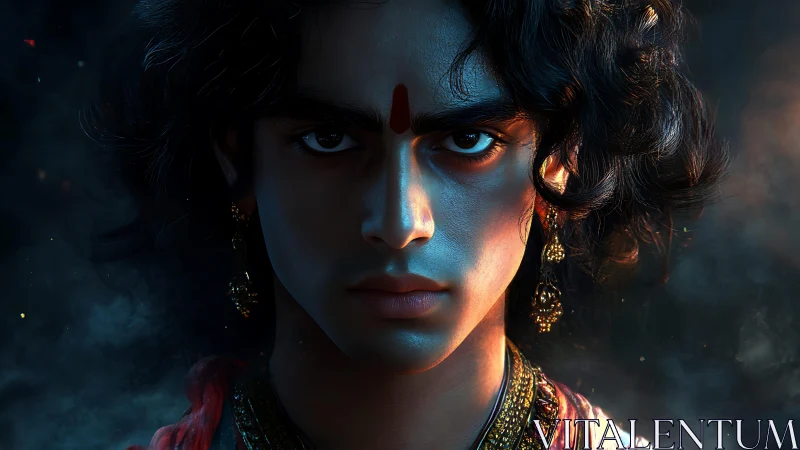 Intense young warrior prince stares through glowing shadows.