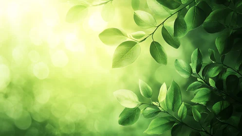 Green foliage branches on defocused light background.