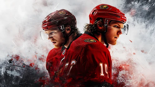 Intense ice hockey players stand back to back amid abstract energy