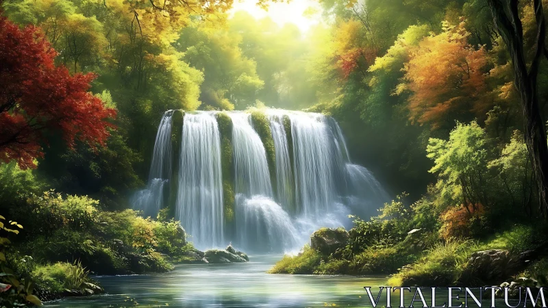 Sunlit forest waterfall surrounded by lush autumn trees.