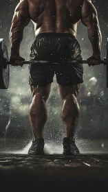 Muscular athlete lifting barbell in wet gym setting.