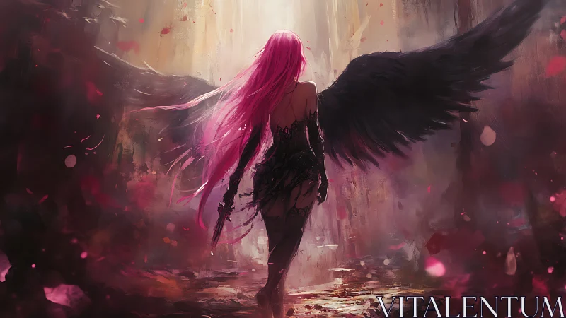 Winged figure with pink hair in luminous crimson haze.