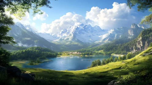 Sunlit mountain valley embracing a quiet blue lakeside village.