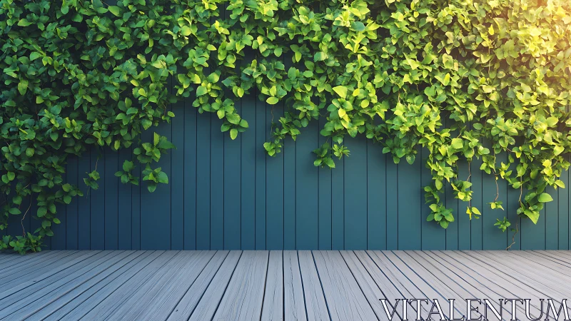Photorealistic vertical garden on teal slatted wall facade.