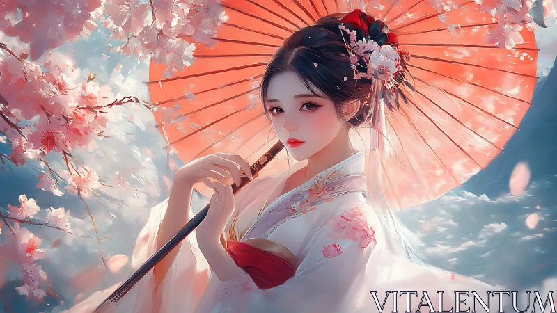 Digital painting of kimono-clad woman beneath sakura canopy.