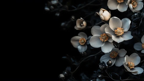 White flowers with gold stamens bloom against black background