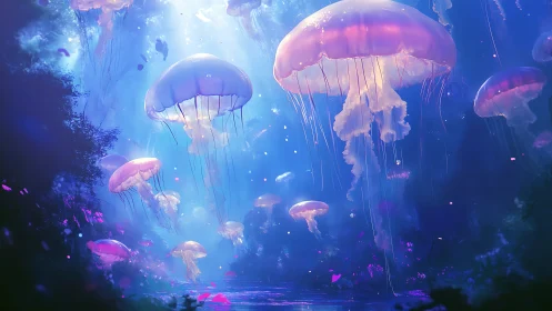 Glowing jellyfish drift gently through a dreamy blue lagoon