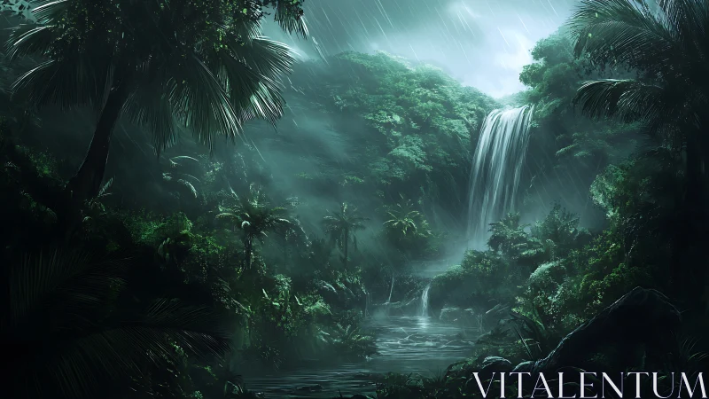 Tropical Rainforest Waterfall with Cascading Mist and Verdant Flora.