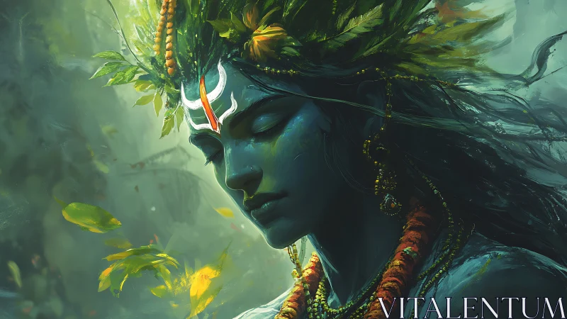 Mythic blue deity portrait with foliage crown and dynamic bokeh lighting