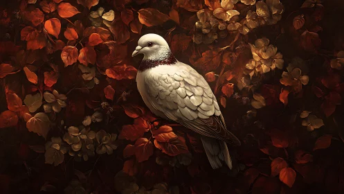 White Dove on Autumn Leaves, Realistic Digital Painting.