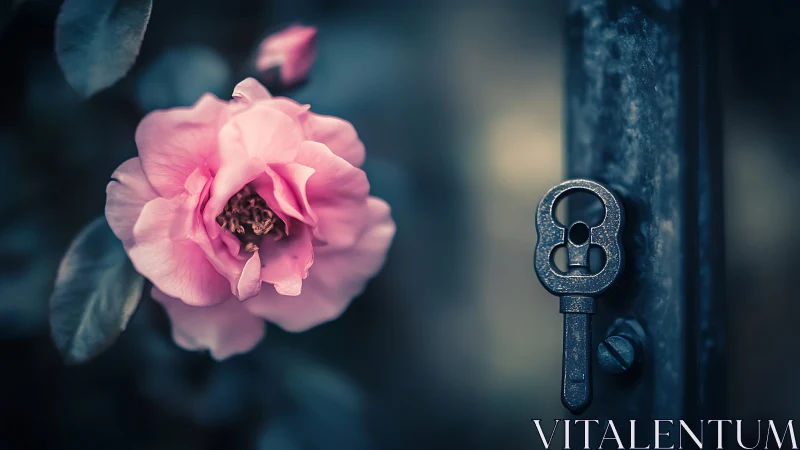 Vintage Key and Pink Rose Against Teal Backdrop.