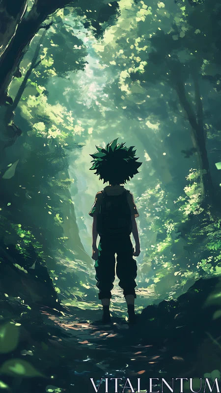 Silhouetted youth stands on shaded forest path under canopy