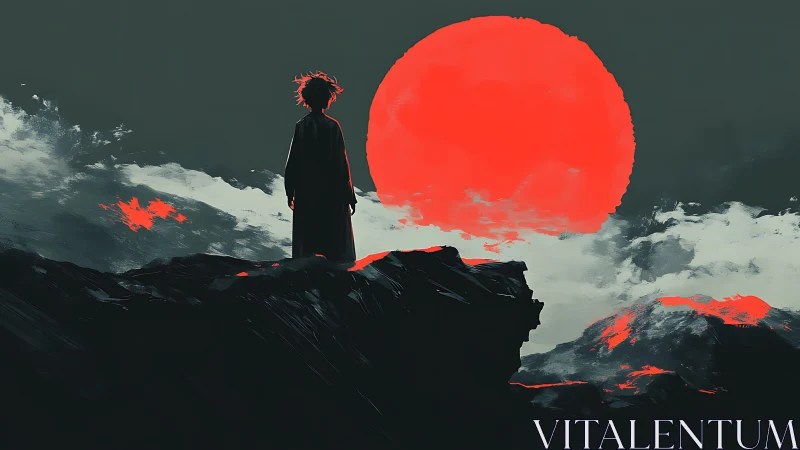 Lone figure confronts a blazing crimson sun above dark cliffs