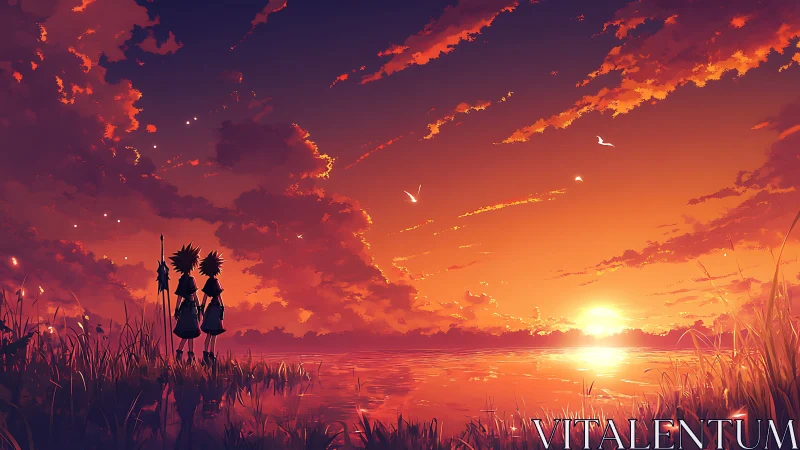 Silhouetted figures observing orange sunset over lake.