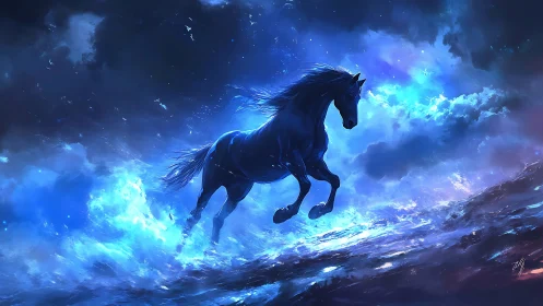 Blue horse silhouette moving through luminous cloud field.