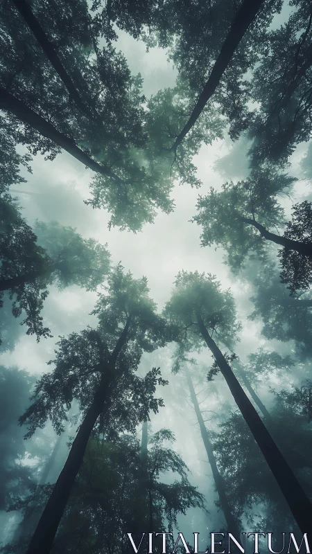Tall Forest Canopy Shot Looking Up Through Misty Trees