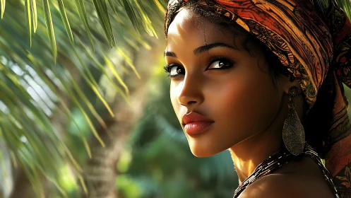 Tropical portrait highlights soulful gaze and vivid scarf.