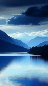 Gentle blue mountains embracing a calm reflective lake at dusk.