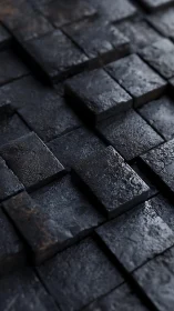 Dark textured cubic tiles forming staggered geometric surface.