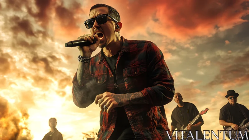 Rock singer performs with band under dramatic sunset sky