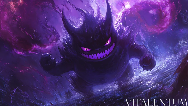 Dynamic spectral creature in stormlit purple digital painting.