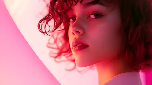 Digital portrait of woman in pink and red lighting.