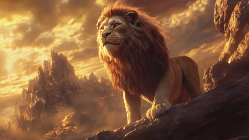 Regal lion surveys a fiery mountain range at golden sunset