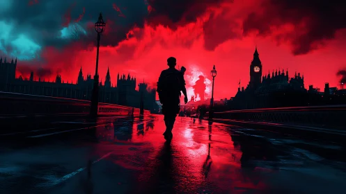 Silhouette crosses wet Westminster bridge under red sky