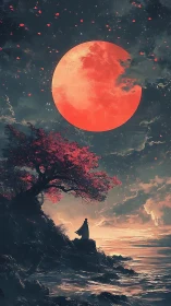 Cloaked figure studies oversized red moon above turbulent shoreline