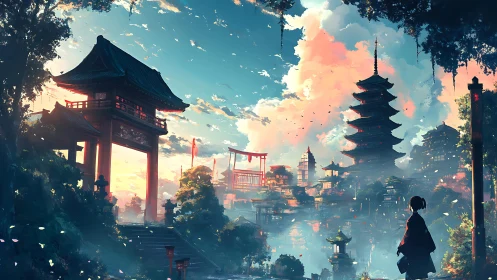 Sunlit mountain temple city under drifting pastel clouds.