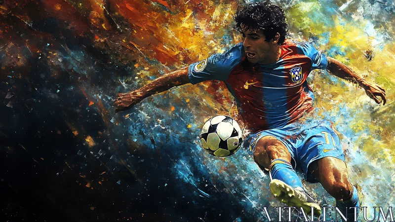 Explosive soccer volley carved from swirling cosmic paintstorm.