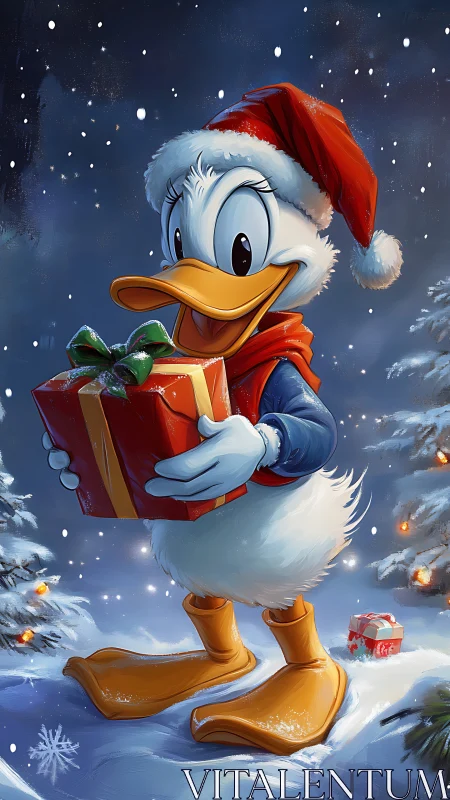 Cartoon duck in Santa hat holding bright Christmas gift.
