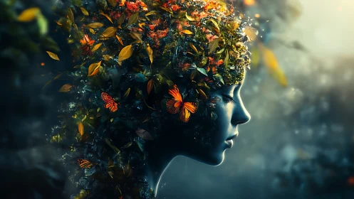 Floral forest muse with glowing butterflies in profile