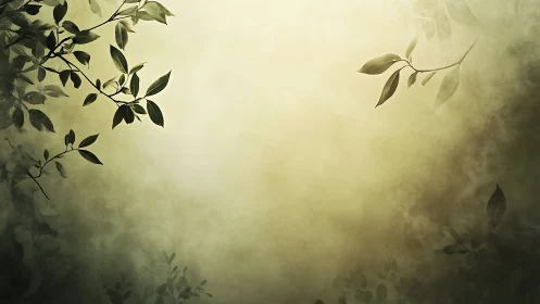 Soft foggy background with silhouetted leafy branches.