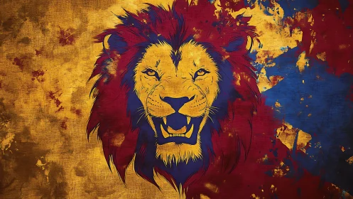 Roaring lion illustration in bold red, gold, and blue colors.