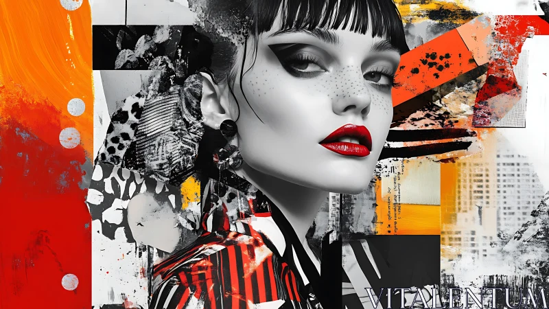 Monochrome muse cuts through urban abstract color storm.
