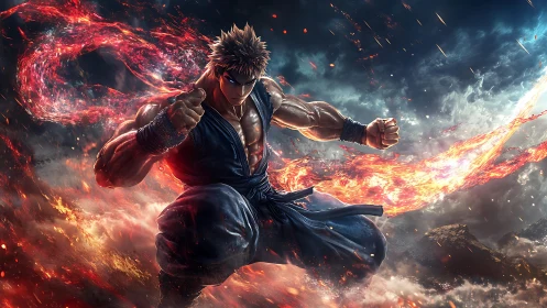 Martial artist channels fiery energy amid stormy battlefield