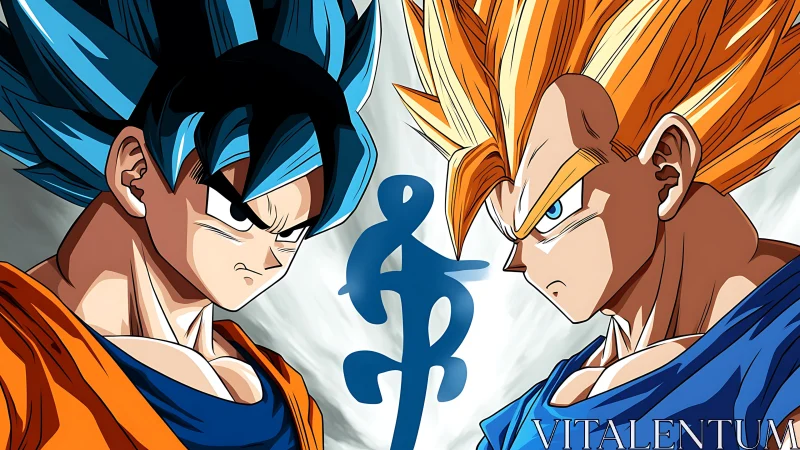 Rival super warriors in mirrored anime power portrait.