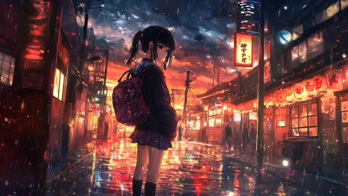 Quiet evening walk with a girl in a glowing rainy city street.