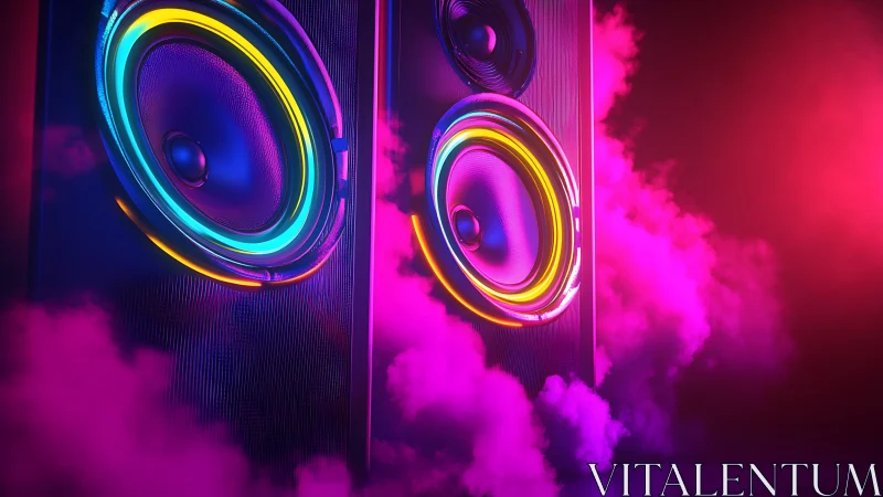 Neon party speakers pulse with vibrant color in hazy smoke