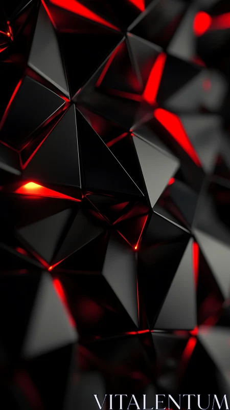 Sharp black geometric facets glow with molten red light