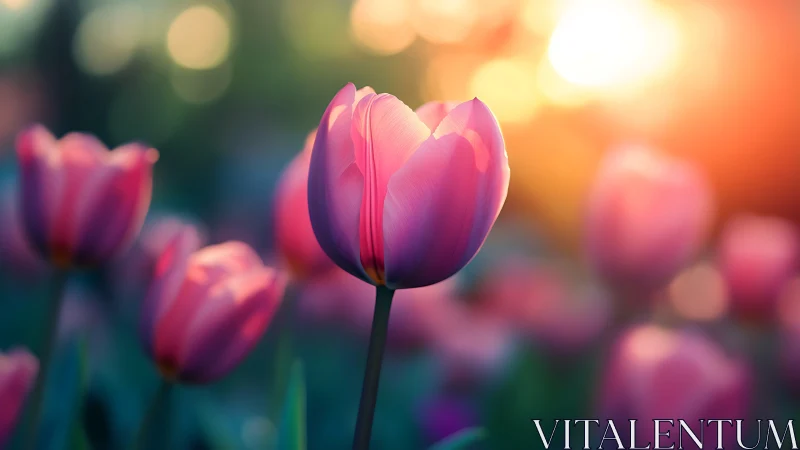 Sunlit pink tulip blooms against soft glowing bokeh field