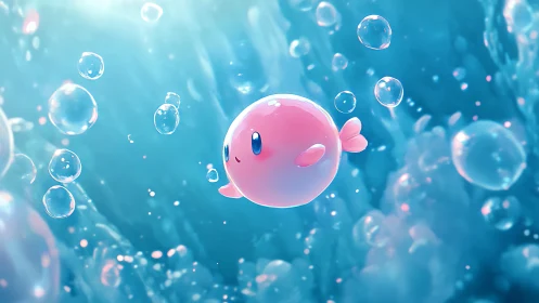 Playful pink orb character drifting through teal bubbles.