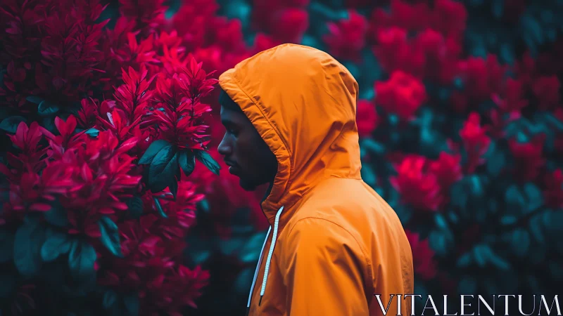 Person in orange hooded jacket beside dense red foliage.