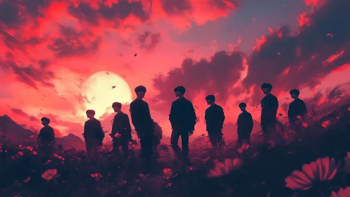 Silhouetted group under red sunset sky in flower field.