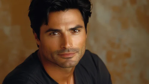 Close-up portrait of dark-haired man against warm backdrop.