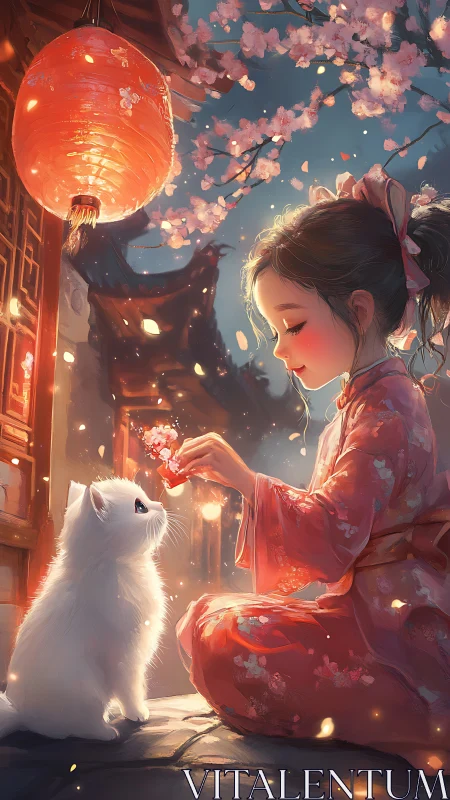 Girl in kimono interacts with white cat under lantern light