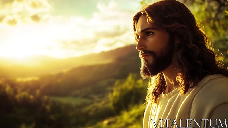 Serene robed man gazes over glowing hills at golden sunrise