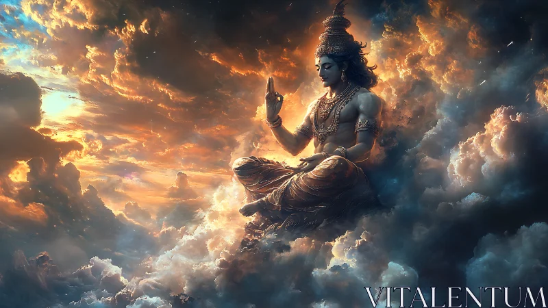 Celestial deity meditating amid volumetric storm clouds.
